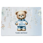 水彩可愛いテディベアブルーフローラ美人 ラージペーパーバッグ (正面)