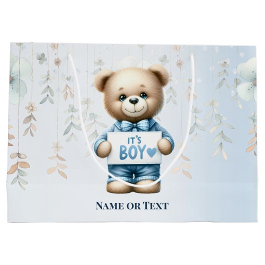 水彩可愛いテディベアブルーフローラ美人 ラージペーパーバッグ (裏面)