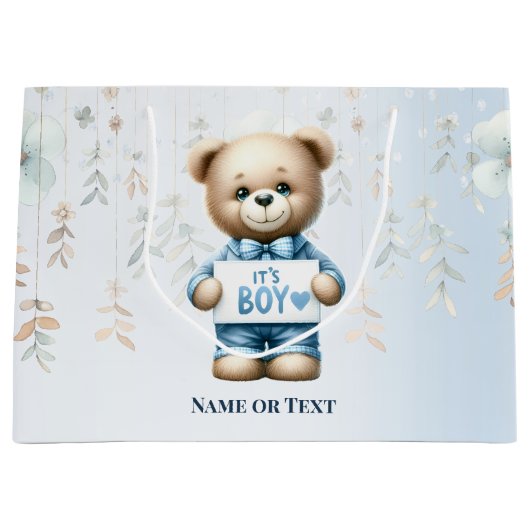 水彩可愛いテディベアブルーフローラ美人 ラージペーパーバッグ (正面)