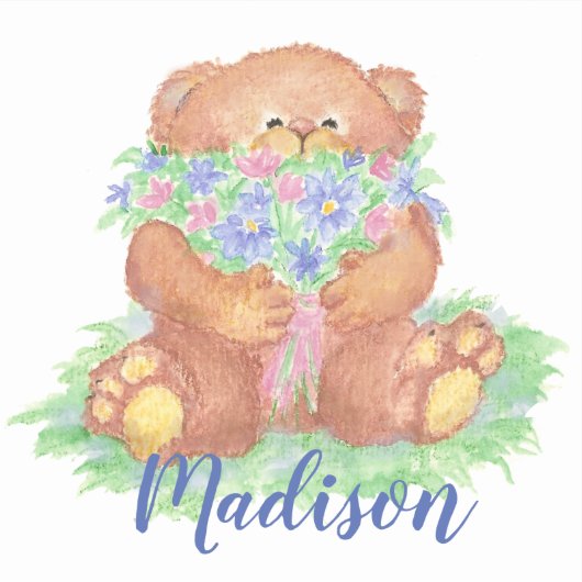 水彩可愛いテディベア花アート名前をカスタムする シール (正面)