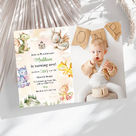 水彩可愛いドラゴン1st誕生日パーティー写真 招待状