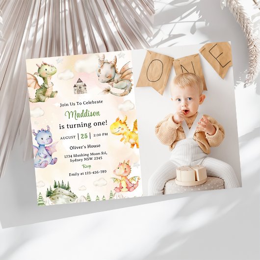 水彩可愛いドラゴン1st誕生日パーティー写真 招待状