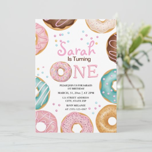 水彩可愛いドーナツ1歳の誕生日 招待状 (スタンド正面)