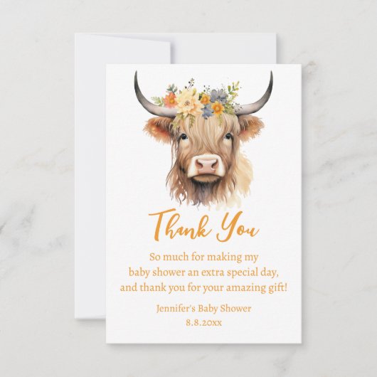 水彩可愛いハイランド牛ふくらはぎシャワー サンキューカード (正面)