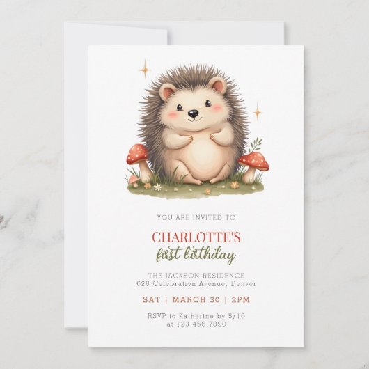水彩可愛いハリネズミのキノコ誕生日パーティー 招待状 (正面)