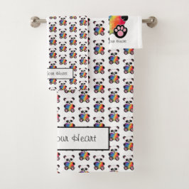 水彩可愛いパンダとレインボーハート バスタオルセット