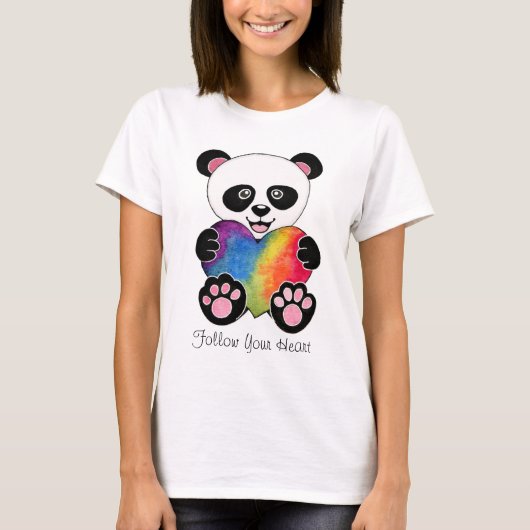 水彩可愛いパンダとレインボーハート Tシャツ (正面)