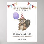 水彩可愛いビーバー1st誕生日 ポスター (正面)