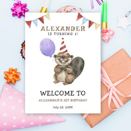 水彩可愛いビーバー1st誕生日 ポスター