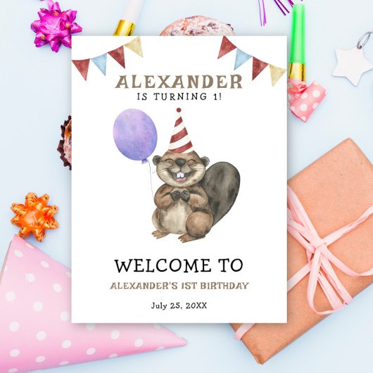 水彩可愛いビーバー1st誕生日 ポスター