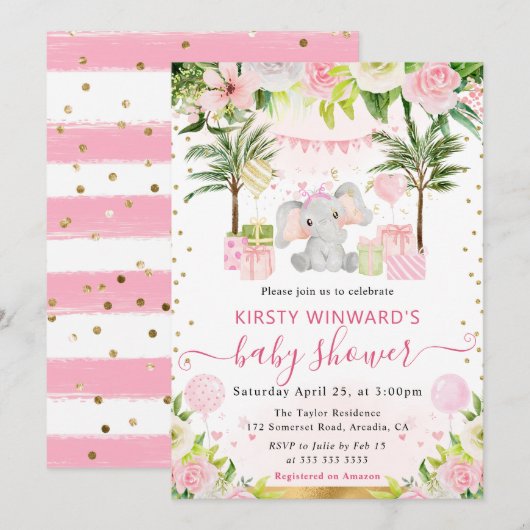 水彩可愛いピンクのジャングルエレファントベビーシャワー 招待状 (正面/裏面)