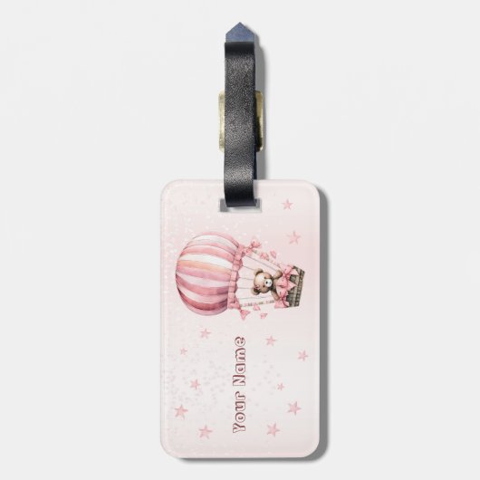 水彩可愛いピンクのテディベア熱気球 ラゲッジタグ (裏面縦)