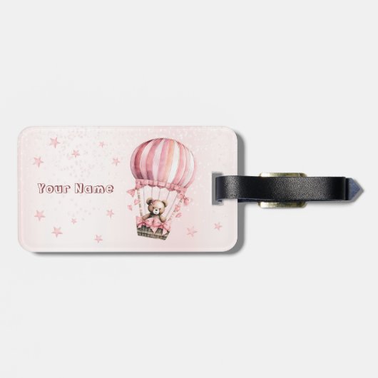 水彩可愛いピンクのテディベア熱気球 ラゲッジタグ (裏面横)