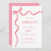 水彩可愛いピンクの弓コケット1st誕生日 招待状 (正面/裏面)