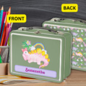 水彩可愛いピンクの恐竜の弓 メタルランチボックス