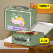 水彩可愛いピンクの恐竜の弓 メタルランチボックス