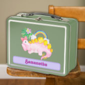 水彩可愛いピンクの恐竜の弓 メタルランチボックス