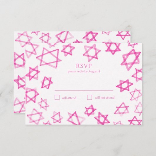 水彩可愛いピンクの星デイビッドバーバルミツワー 出欠カード (正面/裏面)