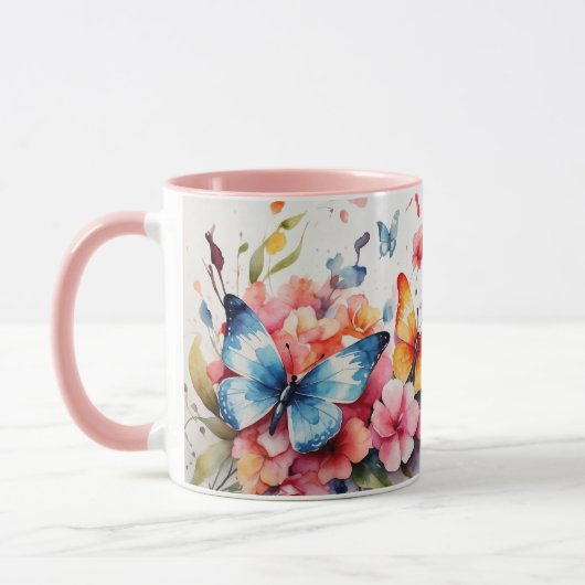 水彩可愛いピンクの蝶の花マグカップ マグカップ (左)