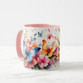 水彩可愛いピンクの蝶の花マグカップ マグカップ (正面左)