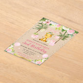 水彩可愛いピンクジャングルキリン子供の誕生日 アクリル招待状 (レイダウン)