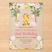 水彩可愛いピンクジャングルキリン子供の誕生日 アクリル招待状 (正面)