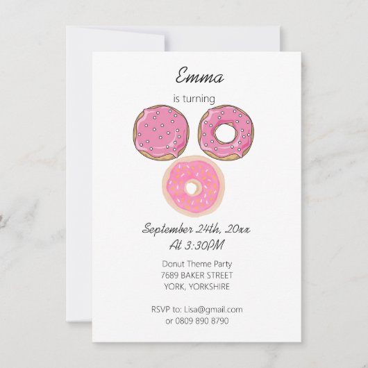 水彩可愛いピンク3ドーナツ誕生日テーマ 招待状 (正面)