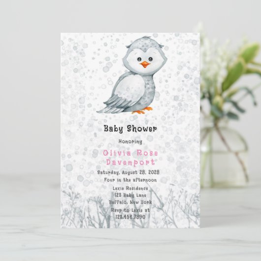水彩可愛いフクロウ灰色アルコールインクベビーシャワー 招待状 (スタンド正面)