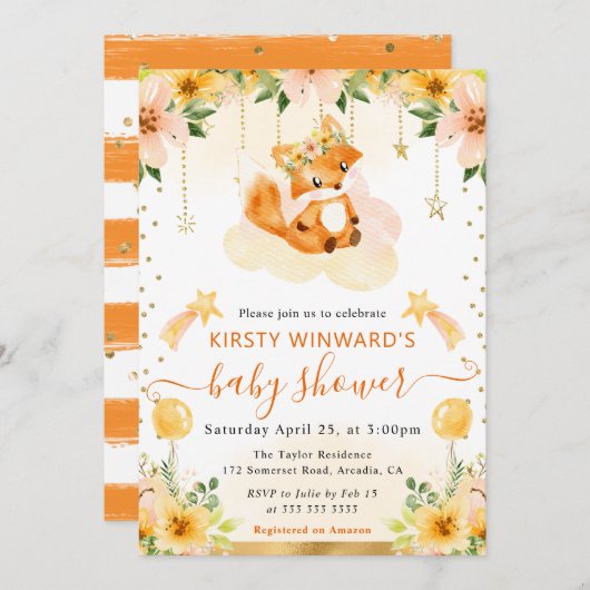 水彩可愛いフローラキツネオンクラウドベビーシャワー 招待状 (正面/裏面)