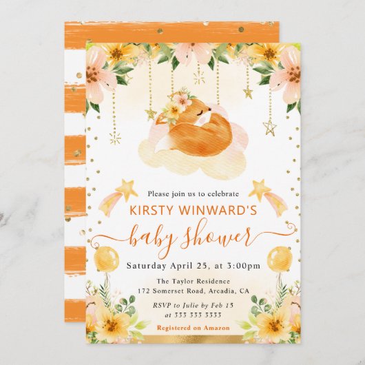 水彩可愛いフローラキツネオンクラウドベビーシャワー 招待状 (正面/裏面)