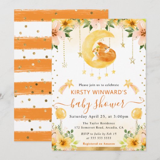 水彩可愛いフローラキツネオンムーンベビーシャワー 招待状 (正面/裏面)