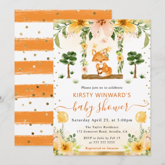 水彩可愛いフローラキツネベビーシャワー 招待状 (正面/裏面)