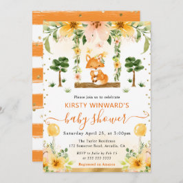 水彩可愛いフローラキツネベビーシャワー 招待状