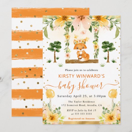 水彩可愛いフローラキツネベビーシャワー 招待状 (正面/裏面)