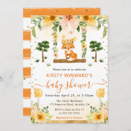 水彩可愛いフローラキツネベビーシャワー 招待状