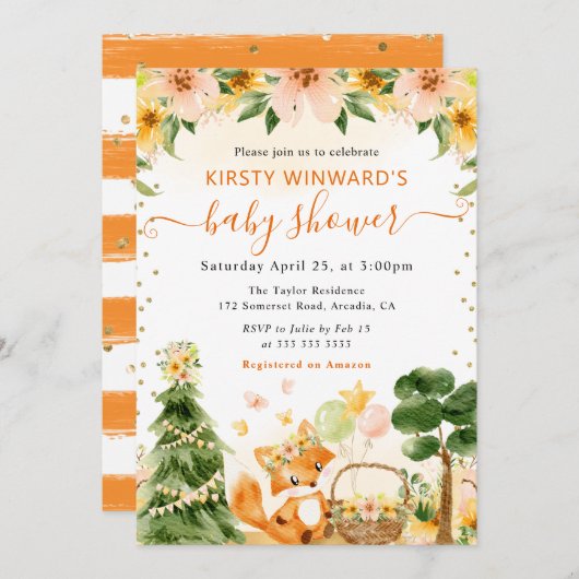 水彩可愛いフローラキツネベビーシャワー 招待状 (正面/裏面)