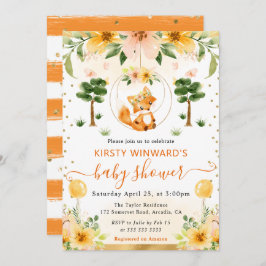 水彩可愛いフローラキツネベビーシャワー 招待状