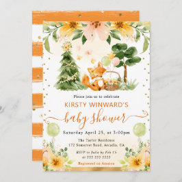 水彩可愛いフローラキツネベビーシャワー 招待状