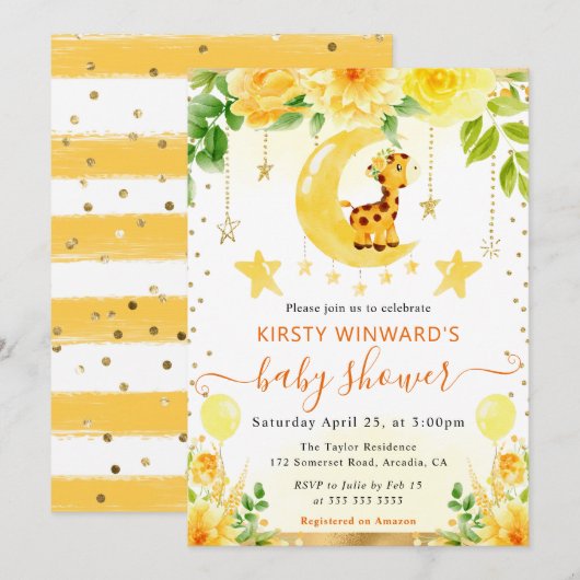 水彩可愛いフローラキリン赤ちゃんシャワー 招待状 (正面/裏面)