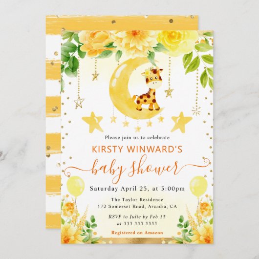 水彩可愛いフローラキリン赤ちゃんシャワー 招待状 (正面/裏面)