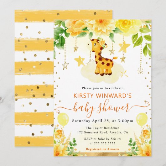水彩可愛いフローラキリン赤ちゃんシャワー 招待状 (正面/裏面)