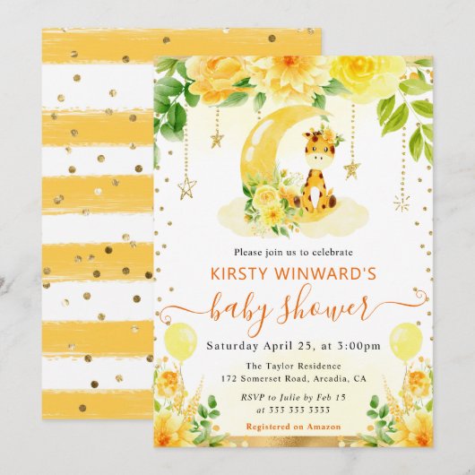 水彩可愛いフローラキリン赤ちゃんシャワー 招待状 (正面/裏面)