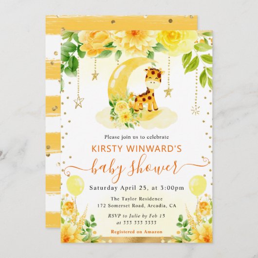 水彩可愛いフローラキリン赤ちゃんシャワー 招待状 (正面/裏面)