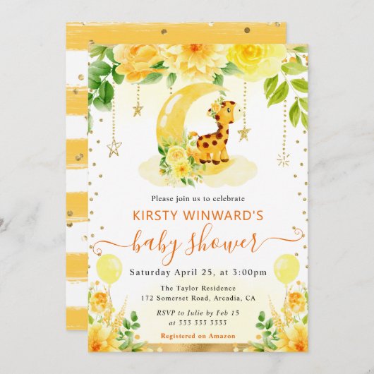 水彩可愛いフローラキリン赤ちゃんシャワー 招待状 (正面/裏面)