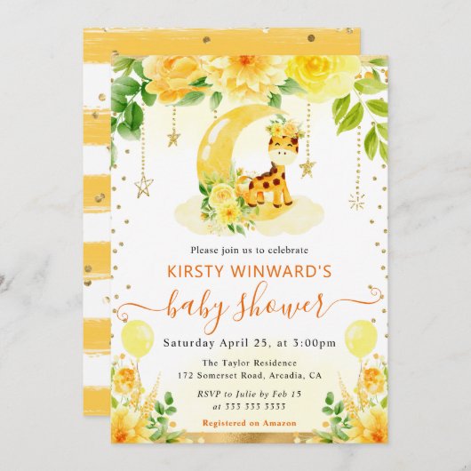 水彩可愛いフローラキリン赤ちゃんシャワー 招待状 (正面/裏面)