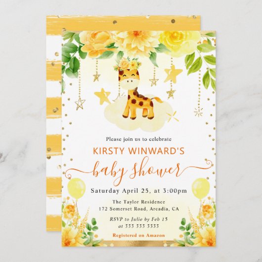 水彩可愛いフローラキリン赤ちゃんシャワー 招待状 (正面/裏面)
