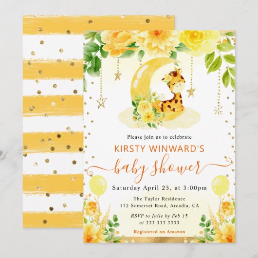 水彩可愛いフローラキリン赤ちゃんシャワー 招待状 (正面/裏面)