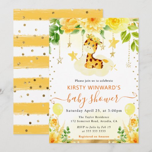 水彩可愛いフローラキリン赤ちゃんシャワー 招待状 (正面/裏面)