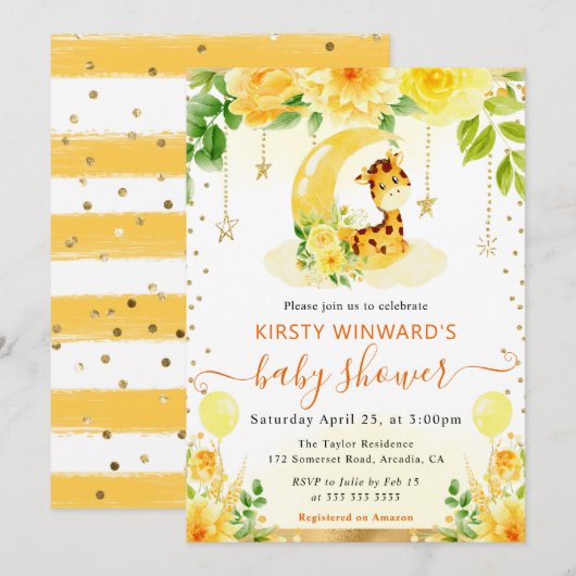 水彩可愛いフローラキリン赤ちゃんシャワー 招待状 (正面/裏面)