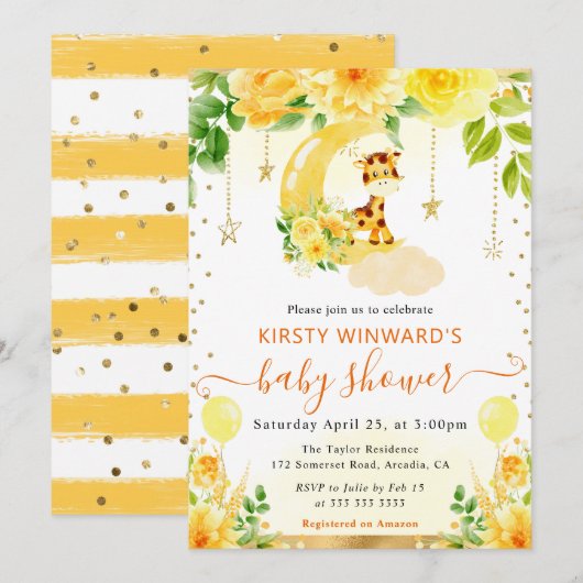 水彩可愛いフローラキリン赤ちゃんシャワー 招待状 (正面/裏面)